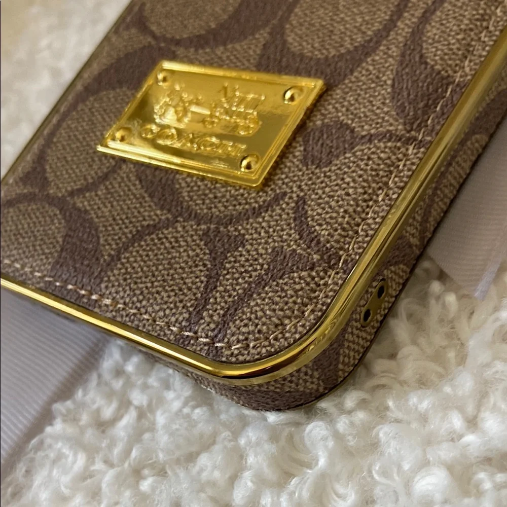 Coach Brown Signature Canvas iPhone 16 ProMax Case with Gold Plate